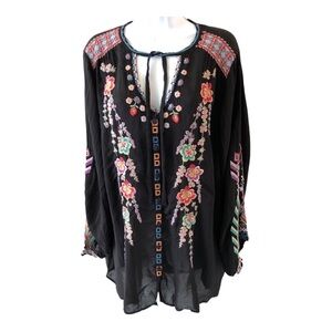 Johnny Was XL black Blouse beautifully Embroidered Sleeves Boho Colorful